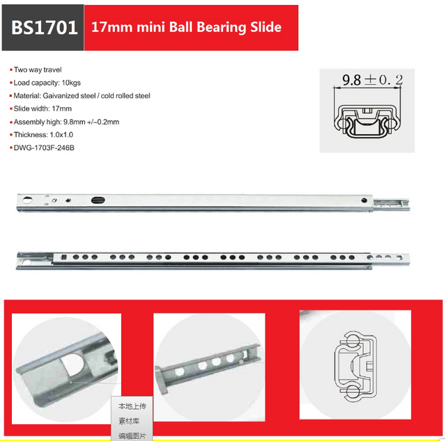 FOSHAN Fusaier Furniture Cabinet Sliding Hardware Telescopic Drawer Slide Rails Single Extension Silver 22lbs Light Duty Ball Bearing Two Way Drawer Sliders