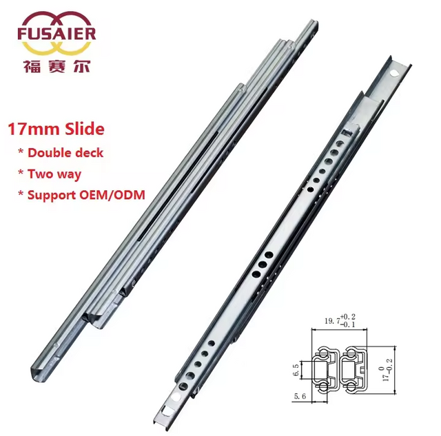  17 mm Double Layer Light Duty Ball Bearing Two-way Travel Drawer Sliders Kitchen Cabinet Telescopic Rails