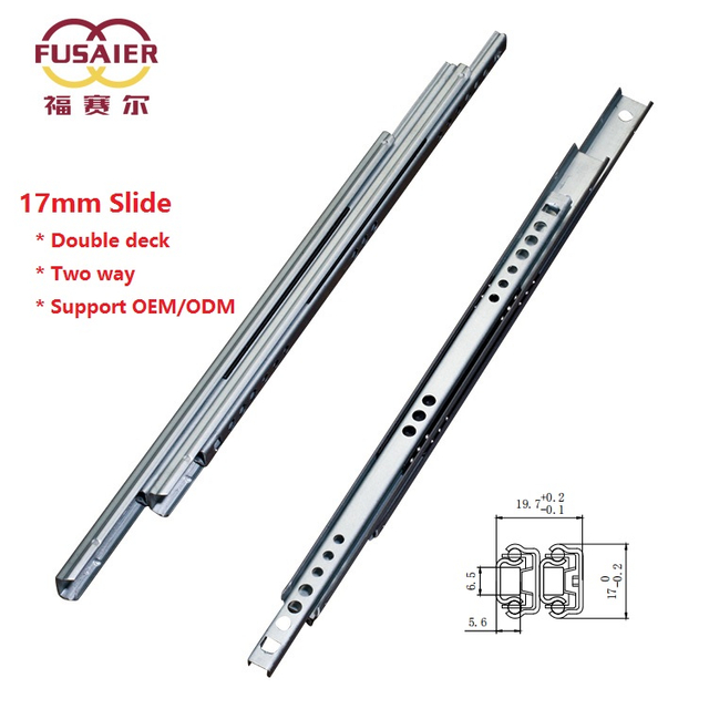 2-fold 17mm 27mm Width Hot Sale Cheap Price Furniture Kitchen Cabinet Ball Bearing double deck Galvanized Drawer Slide Runners Channel